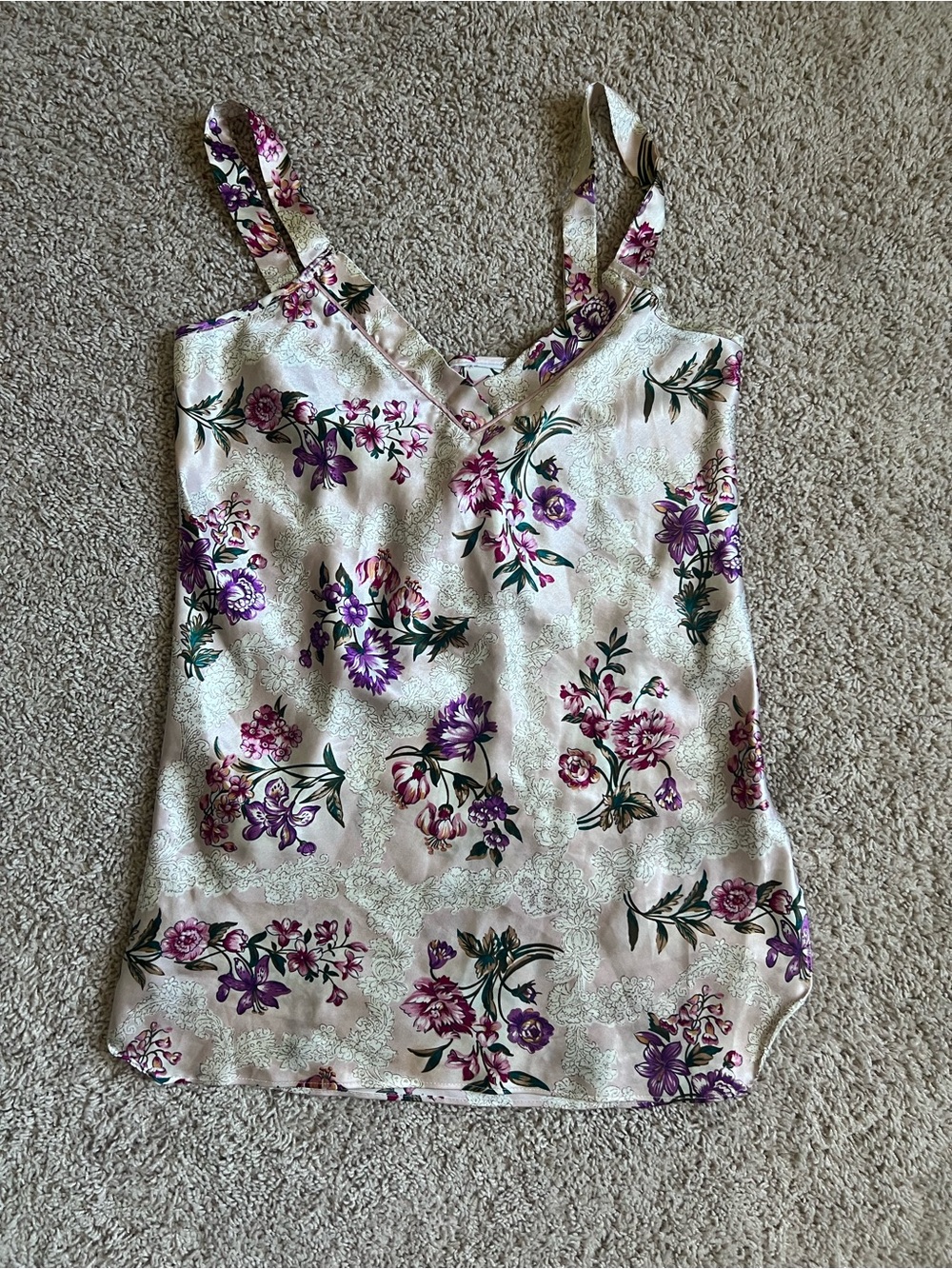 Floral Satin V-Neck Cami Tank Top - Ivory with Purple Floral Print